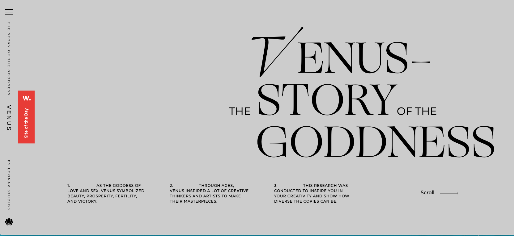 landing page of site about the story of Venus showing different sized text