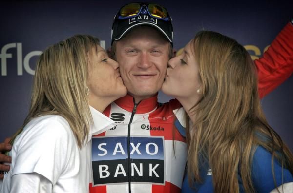 Matti Brechel (Saxo Bank) clearly enjoying the spoils of victory at Dwars door Vlaanderen
