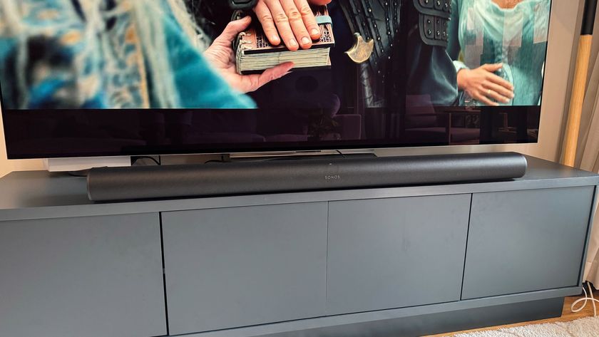 Sonos Arc Ultra on a blue TV bench