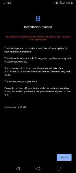 The LG V60 receiving the Android 12 update