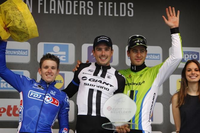 2014 Gent-Wevelgem podium (L-R): Arnaud Demare (FDJ.fr), John Degenkolb (Giant-Shimano) and Peter Sagan (Cannondale)