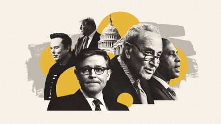 Illustration of Chuck Schumer, Hakeem Jeffries, Mike Johnson, Elon Musk and Donald Trump