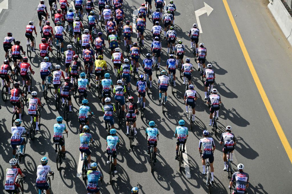 The pack rides during the fifth stage of the UAE Tour cycling race between the American University and the Hamdan bin Mohammed Smart University in Dubai on February 21, 2025. (Photo by Giuseppe CACACE / AFP)
