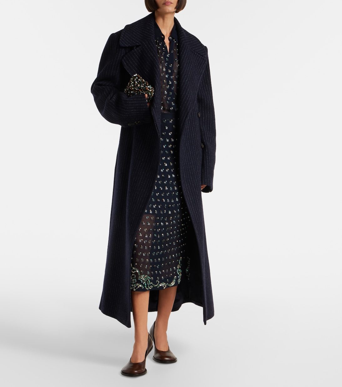 Belted Pinstriped Wool Coat in Blue - Dries Van Noten
