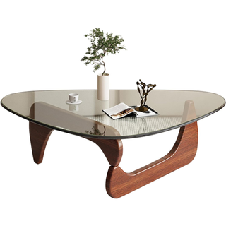 Modern triangular coffee table with irregular wooden base from Amazon.