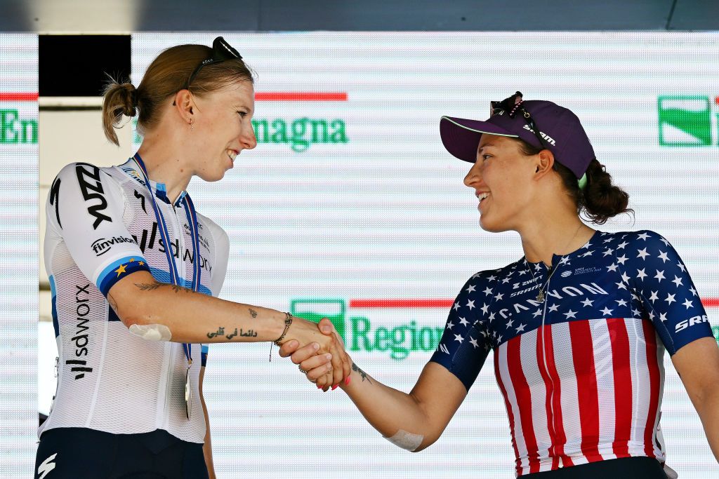 MODENA ITALY JULY 02 LR Stage winner Lorena Wiebes of The Netherlands and Team SD Worx and Chloe Dygert of The United States and Team CanyonSRAM Racing on third place pose on the podium ceremony after the 34th Giro dItalia Donne 2023 Stage 3 a 1182km stage from Formigine to Modena UCIWWT on July 02 2023 in Modena Italy Photo by Dario BelingheriGetty Images