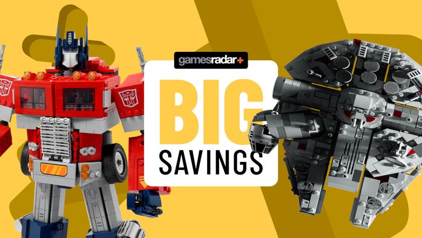 Optimus Prime and Millennium Falcon sets on either side of a &#039;big savings&#039; GamesRadar+ badge, all against a yellow background with crosses