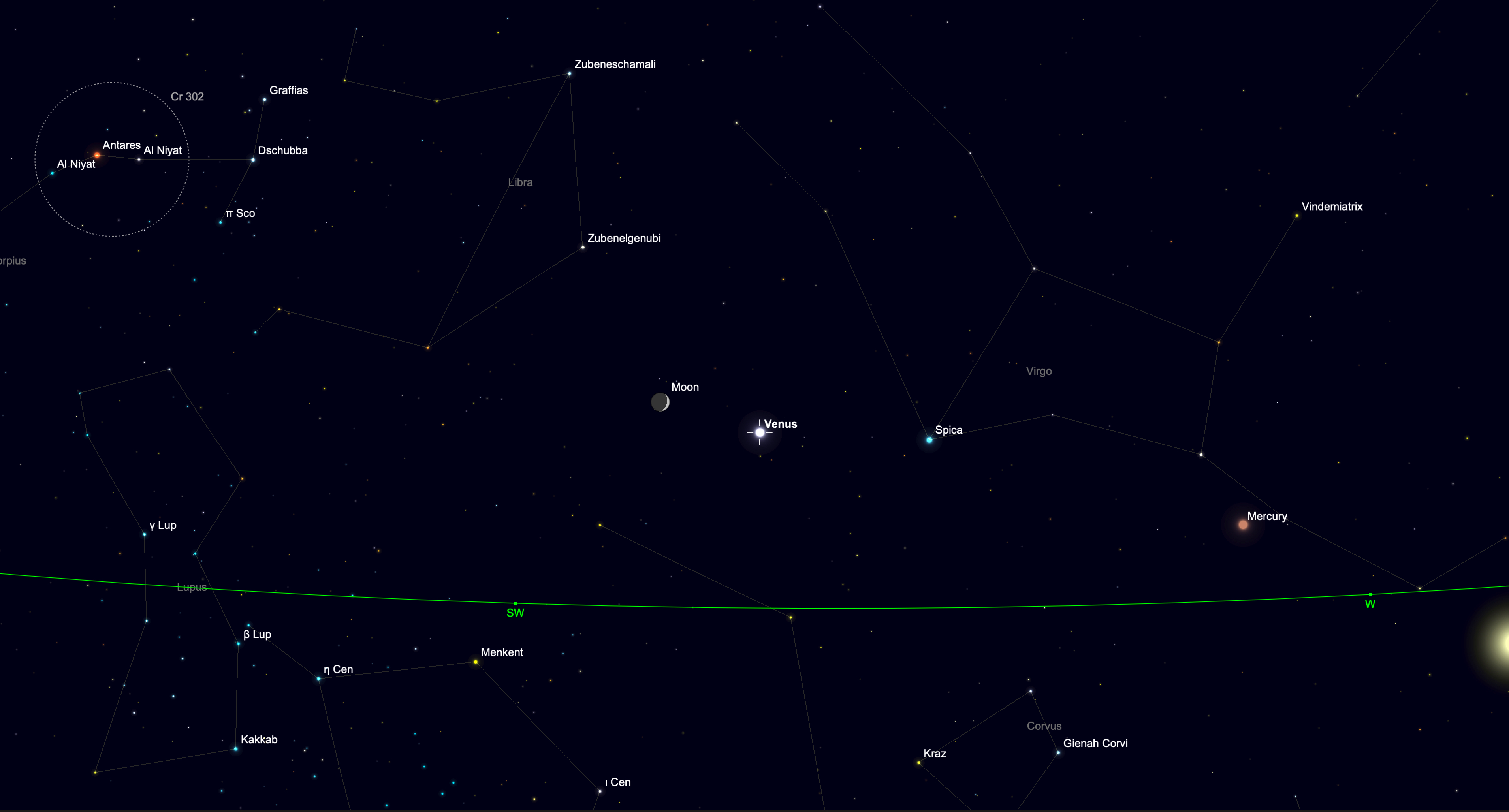 Star chart showing the waxing crescent moon near Venus, with Mercury and Spica also visible in the western sky on Sept. 14, 2026.