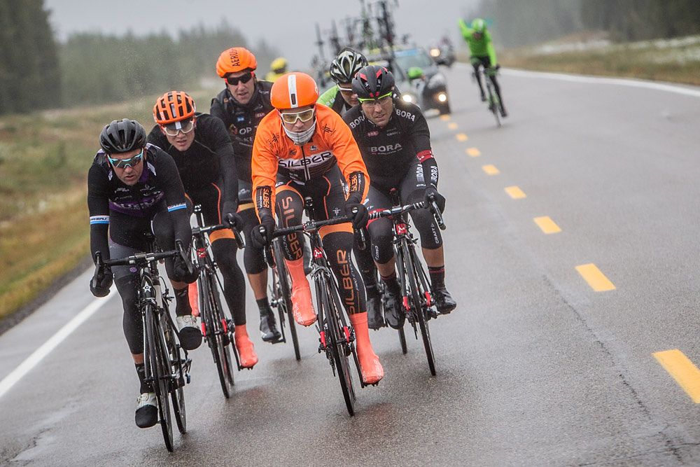 A seven-man breakaway spent most of the day off the front of the main field in rainy, cold weather conditions