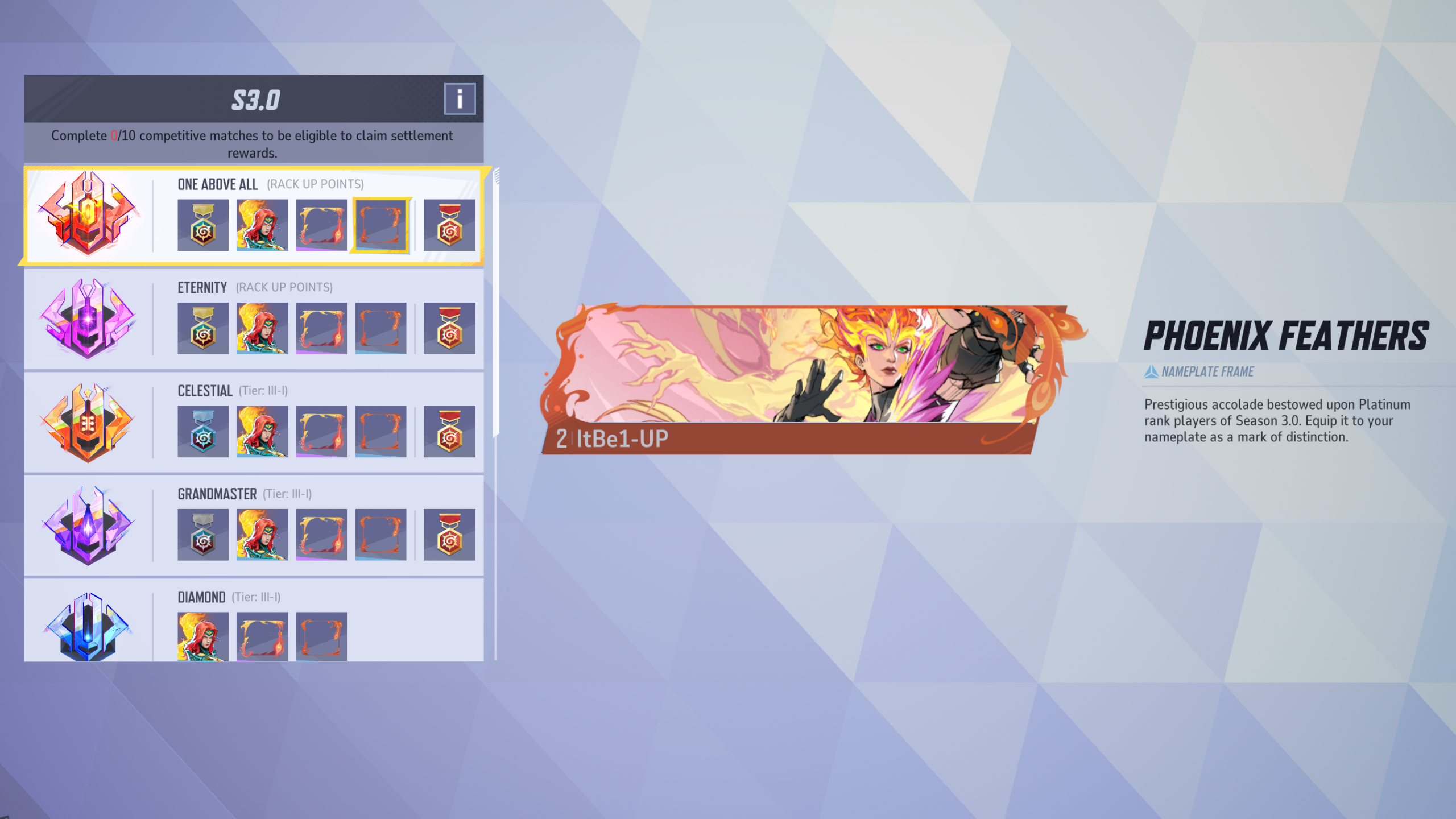Marvel Rivals ranks: The Phoenix Feathers nameplate in the Season 3 rewards overview screen.