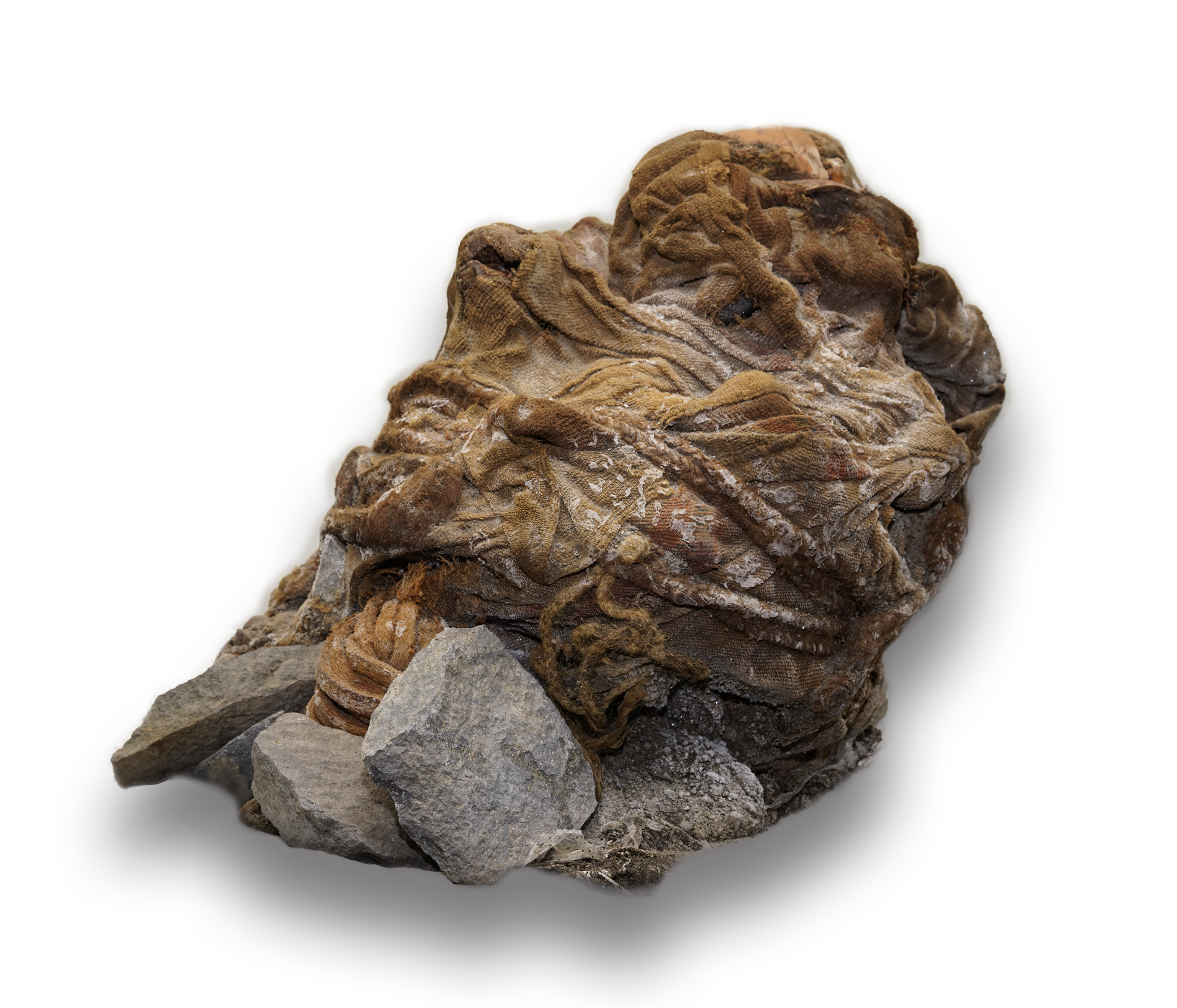 A stone face, with brown teeth, covered in fossilied twine is seen with gray rocks nearby