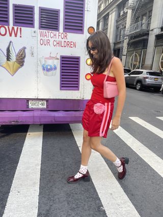 Emma Childs wears athletic shorts while out in New York City