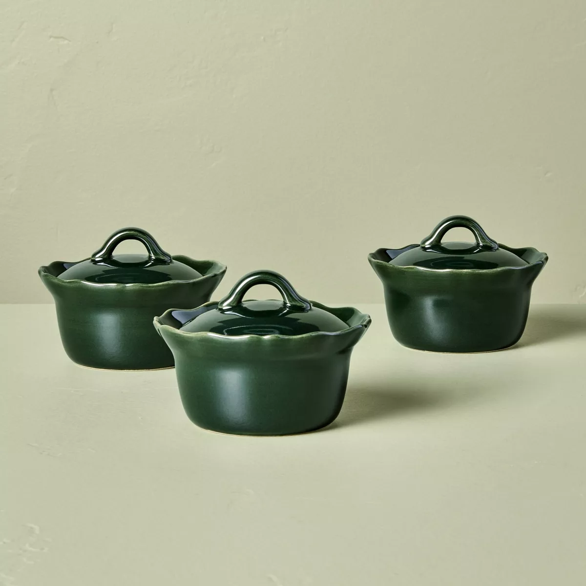 3pc 6.5oz Round Stoneware Reactive Glaze Ramekin With Lid Green - Hearth U0026#38; Handu0026#8482; With Magnolia