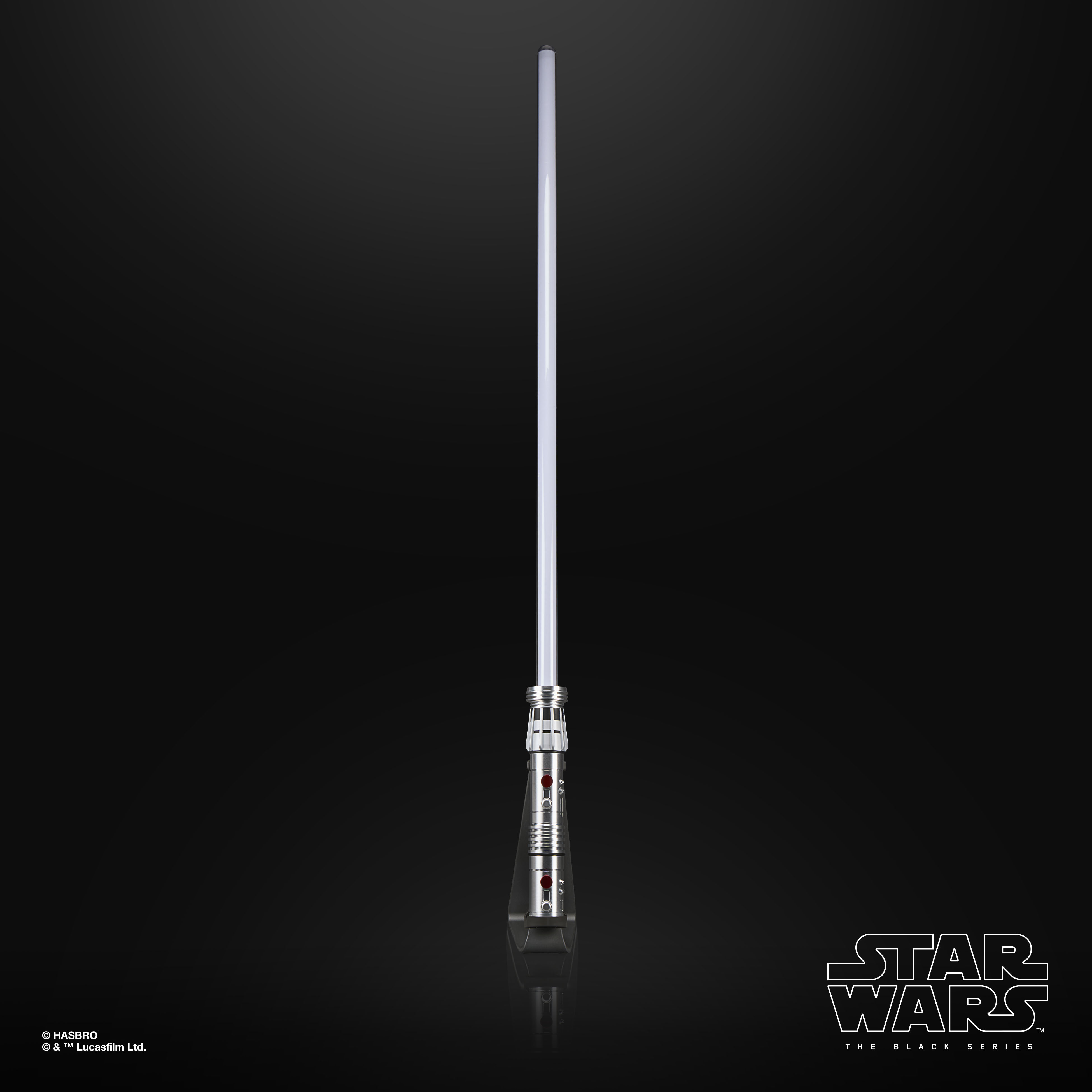 Star Wars The Black Series Force FX Elite Maul Lightsaber hilt and blade on a stand against a black background