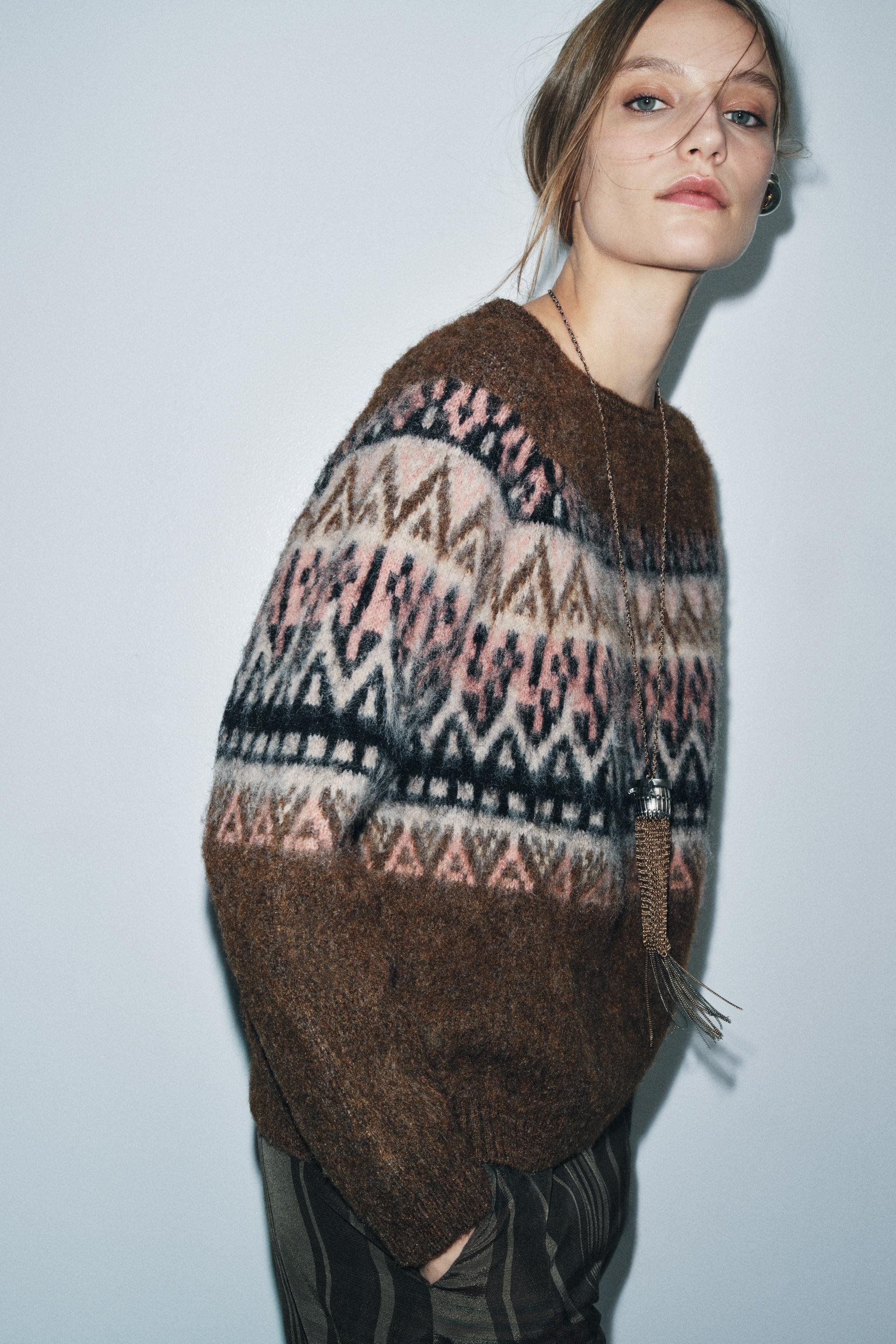 Brushed Effect Jacquard Knit Jumper