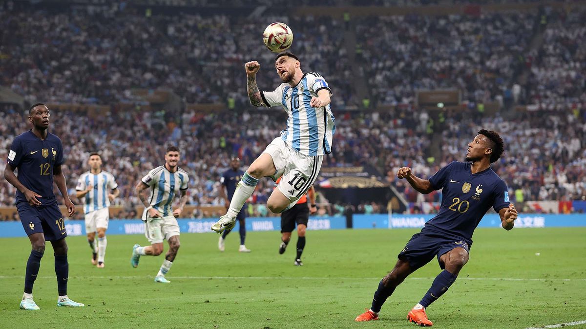 Lionel Messi of Argentina controls the ball on his head during the FIFA World Cup Qatar 2022 Final match between Argentina and France at Lusail Stadium on December 18, 2022 in Lusail City, Qatar.