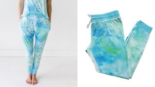 composite of model wearing Little Sleepies Tidepool Watercolor Women's Pajama Pants and flat lay image