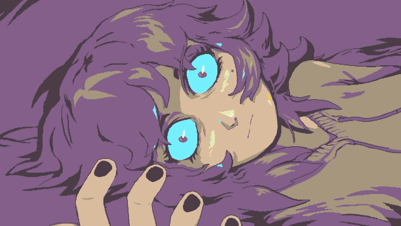 Neverway - A girl with purple hair and glowing blue eyes, appears collapsed