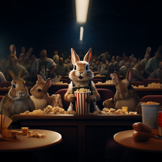 A rabbit sitting down on a seat while eating popcorn in a cinema full of animals at 2x Zoom.