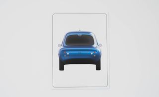 Rear view of blue electric car image on gallery wall