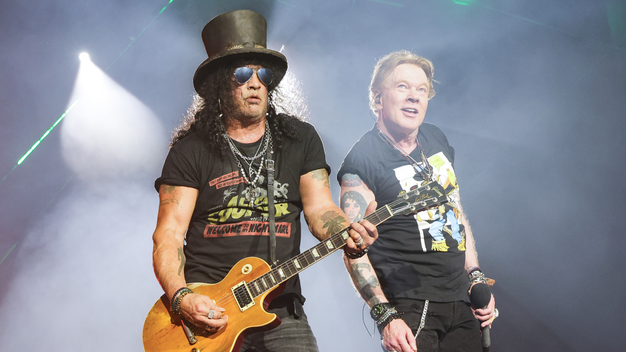 Slash and Axl Rose onstage with Guns ’N’ Roses in 2023