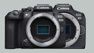 The Canon EOS R7 and the Canon EOS R10 side by side on a green background