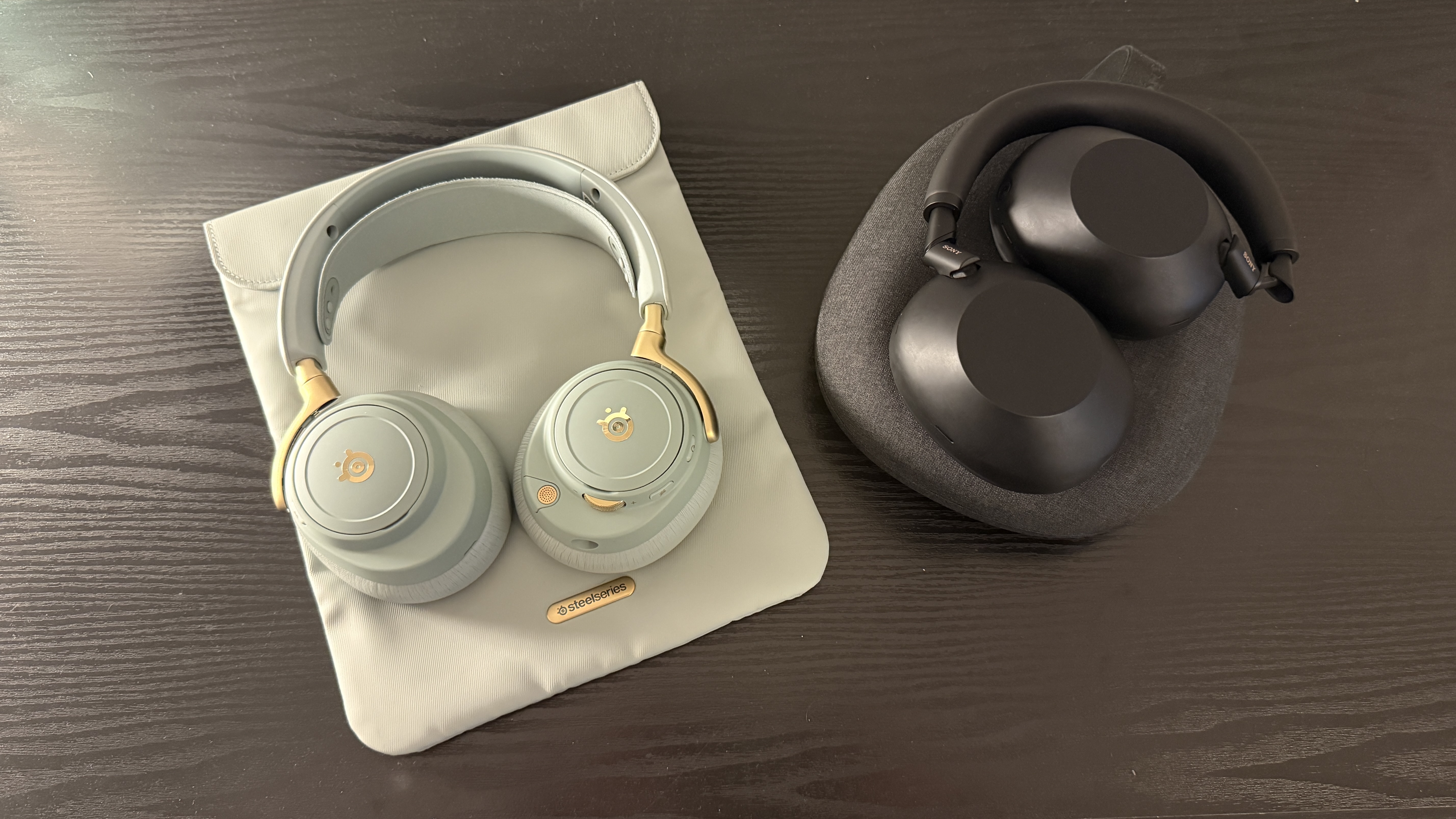 A pair of Sage Green SteelSeries Arctis Nove Elite in various set ups