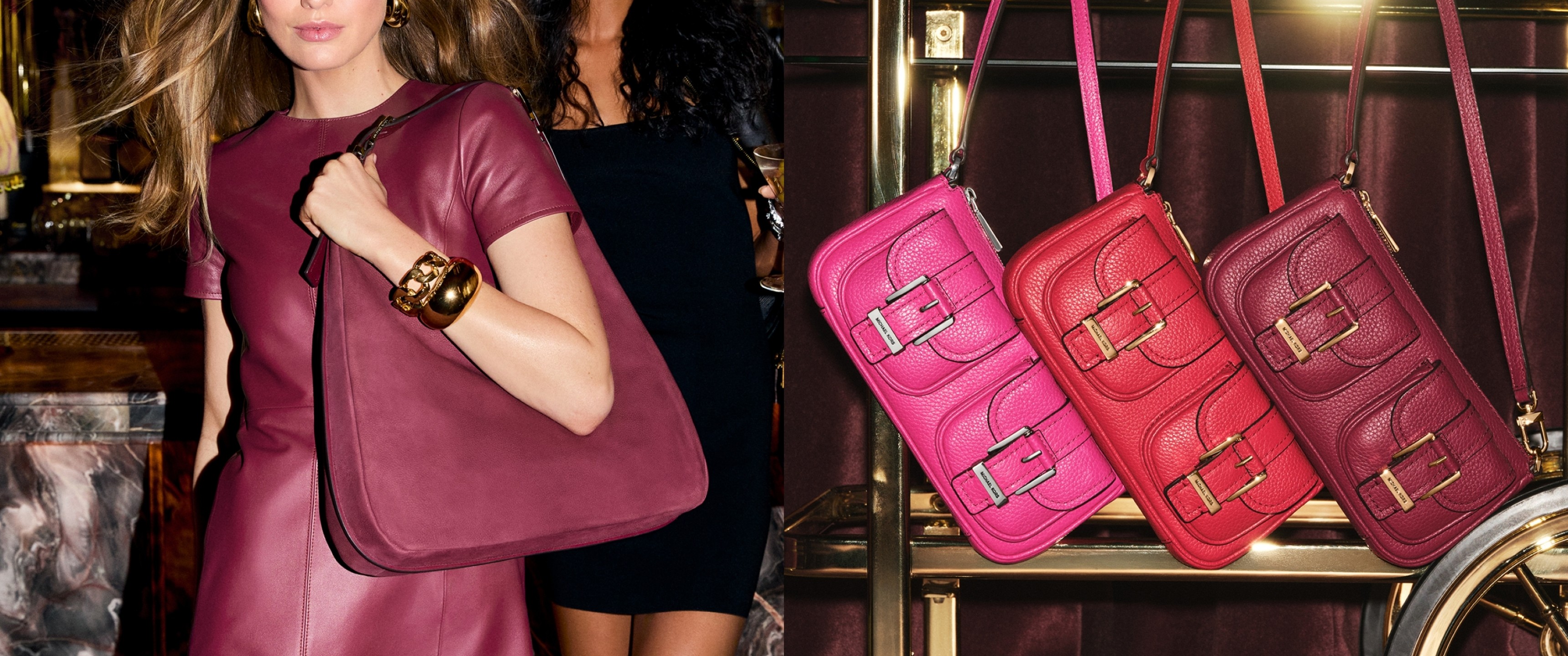 Model wearing a raspberry red outfit and holding a Michael Kors bag in a cocktail bar next to an image of three berry coloured Michael Kors handbags