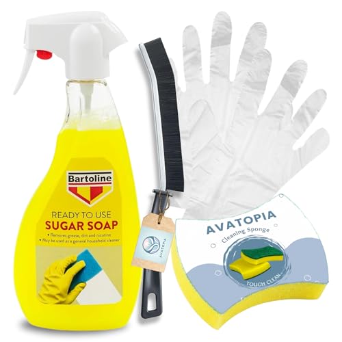 Barto Line Sugar Soap Spray (500ml), Sponge, Crevice Brush and Plastic Gloves | Wall Cleaner for Painted Walls, Sugar Soap for Cleaning, Bathroom Cleaning Tool, Removes Grease, Grime &amp;amp; Nicotine Stains