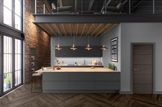 Kitchen with Portfolio Charcoal Grey Four Line Horizontal Solid Core door, Premdor