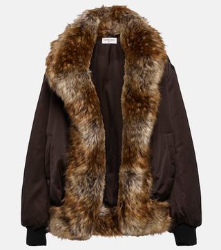 Animal-Free Fur-Trimmed Satin Bomber Jacket