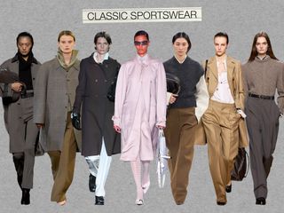 A collage of classic sportswear looks from the F/W 24 runways, with images from Hermes, Carven, Miu Miu, Tory Burch, Tod's, Dior, and Bottega Veneta.