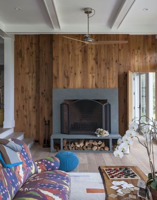 living room with wood walls and fireplace and orchid