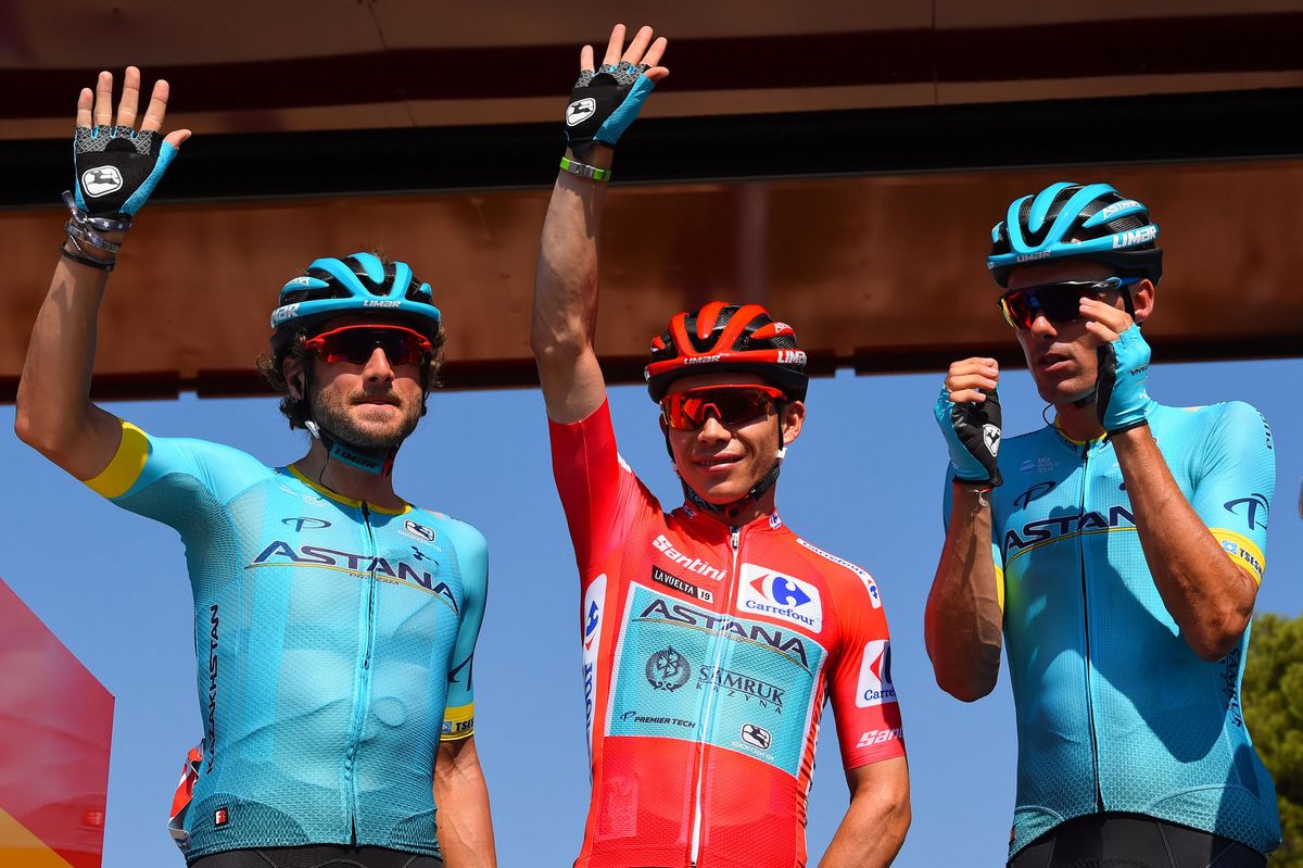 Miguel Angel Lopez (Astana) waves to the crowd at the Vuelta a Espana