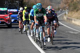 TERNI ITALY MARCH 09 Davide Bais of Italy and EoloKometa Cycling Team Green Mountain Jersey competes in the breakaway during the 57th TirrenoAdriatico 2022 Stage 3 a 170km stage from Murlo to Terni TirrenoAdriatico WorldTour on March 09 2022 in Terni Italy Photo by Tim de WaeleGetty Images