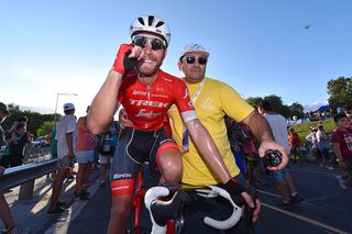 Giacomo Nizzolo (Trek-Segafredo) punches the air after winning