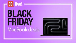 MacBook deals Black Friday text with MacBook image on a purple background