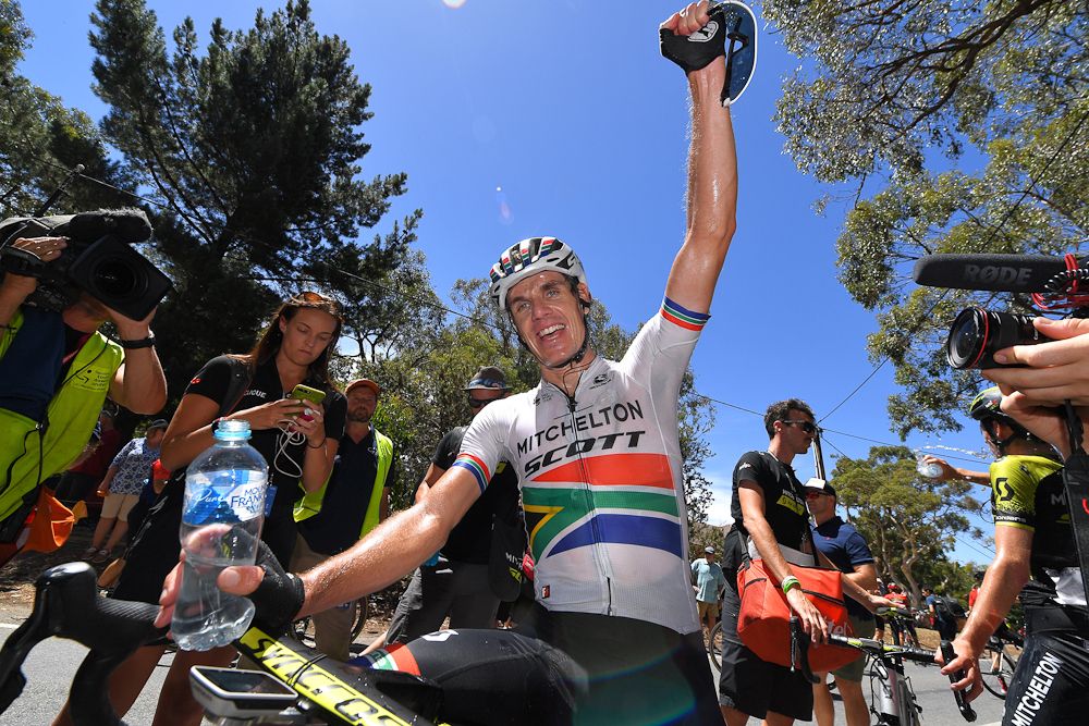Daryl Impey celebrates his overall win at the Tour Down Under