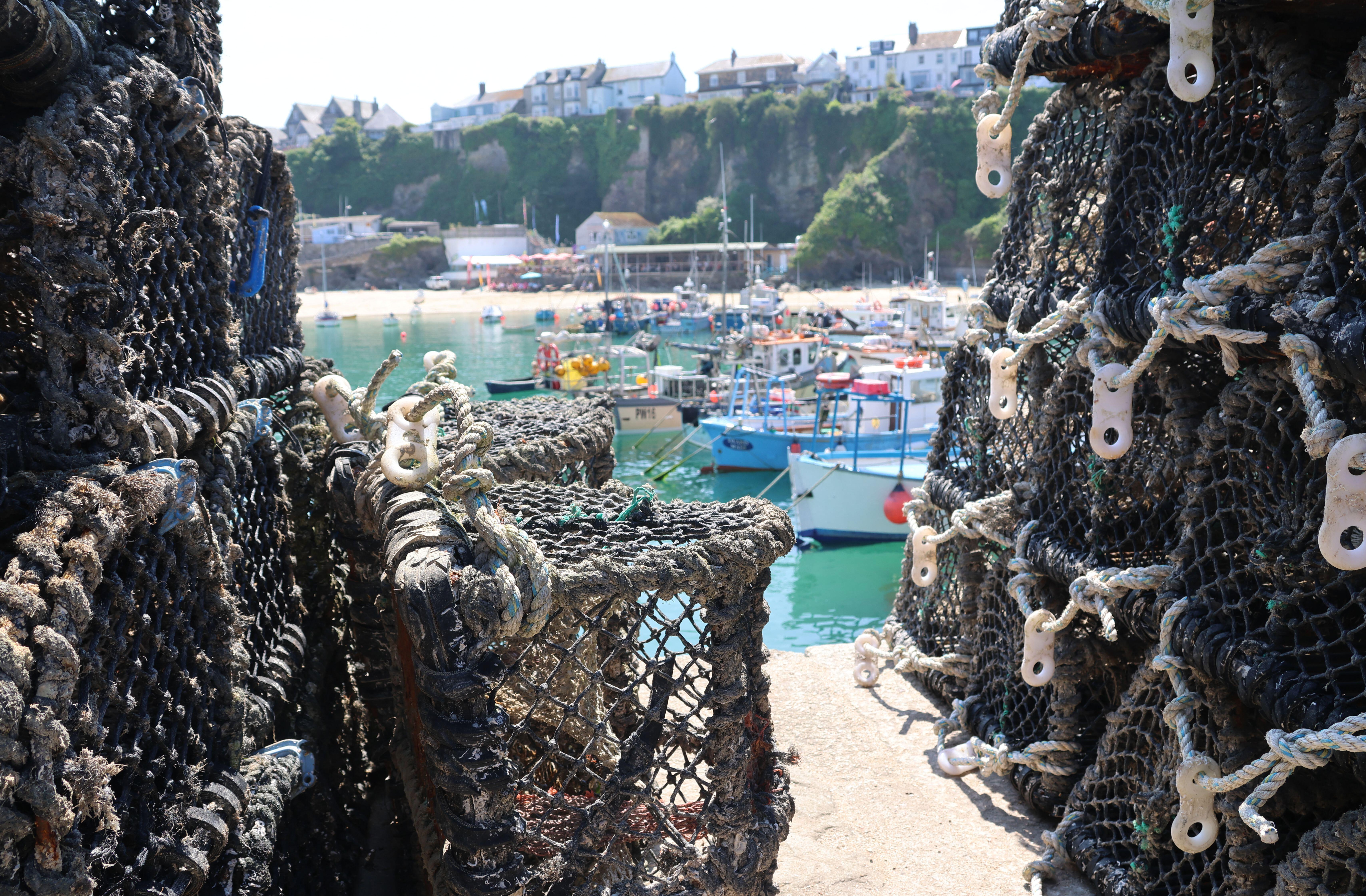 Traditional Cornish withy pots used to fish oysters on a beach