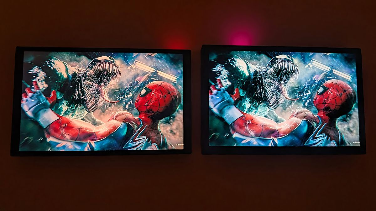 An image of the Lenovo Legion Go 2 and original Legion Go screens displaying the same image from Marvel's Spider-Man 2. The OLED screen offers better color accuracy and true black contrast.