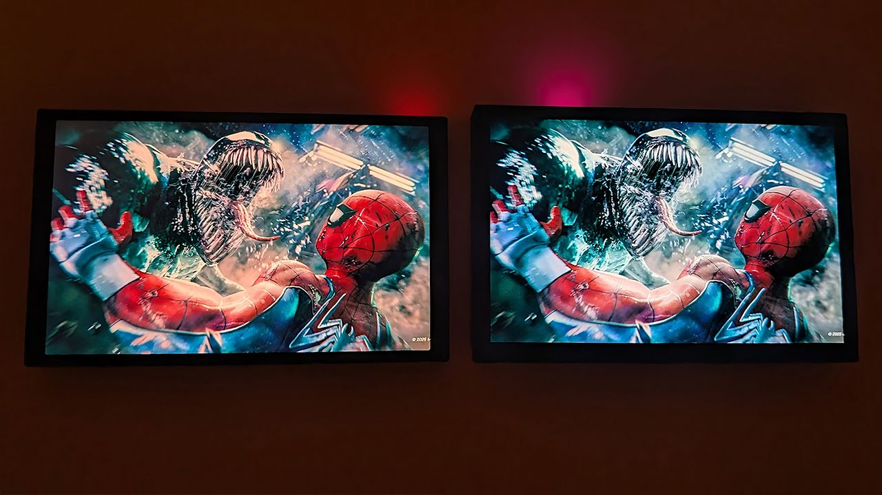 An image of the Lenovo Legion Go 2 and original Legion Go screens displaying the same image from Marvel's Spider-Man 2. The OLED screen offers better color accuracy and true black contrast.