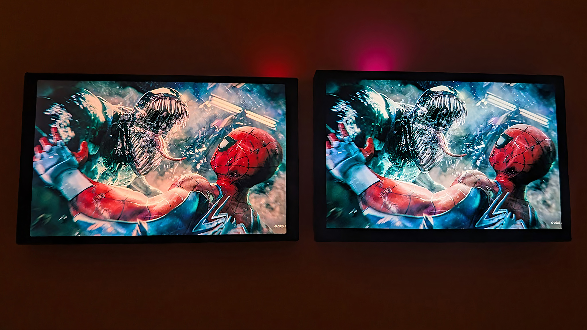 An image of the Lenovo Legion Go 2 and original Legion Go screens displaying the same image from Marvel's Spider-Man 2. The OLED screen offers better color accuracy and true black contrast.