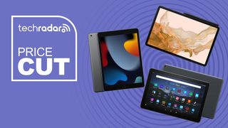 Text saying "TechRadar" followed by "Price Cut" underneath on the left side, with images of an iPad Fire tablet and Galaxy Tab off-angle on the right, all against a purple background