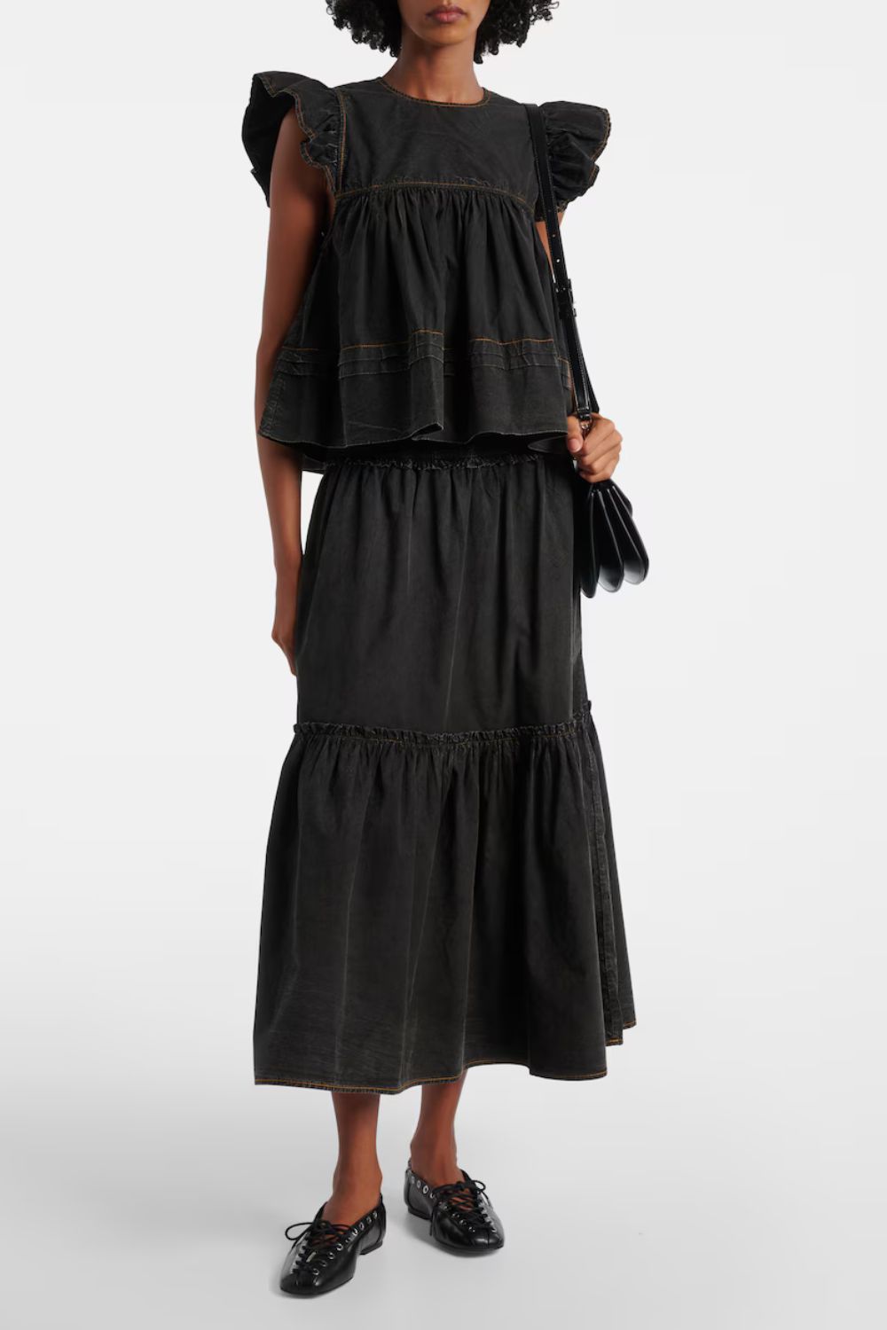 Ganni Smocked tiered cotton maxi skirt