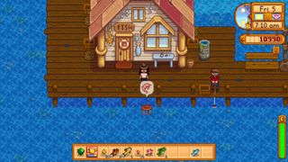 Checking out a crab pot on the pier in Stardew Valley