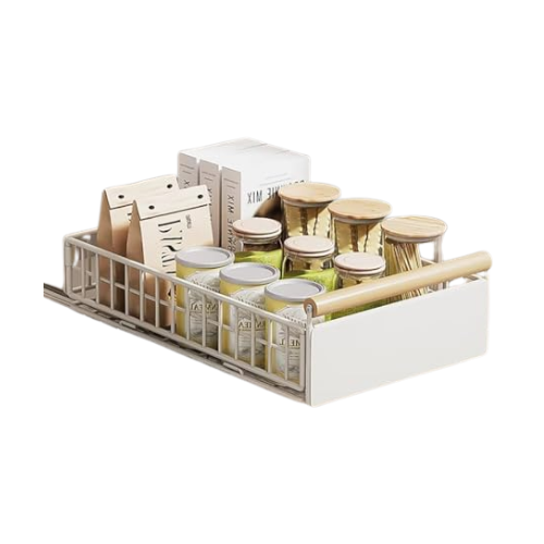 Pull Out Cabinet Organiser, Pull Out Kitchen Storage Foldable, 23.5*11*39.5~56.5cm, Kitchen Cupboard Organiser With Handle, No Drill Adjustable Drawers, Slide Out Drawers for Kitchen Cabinets, White