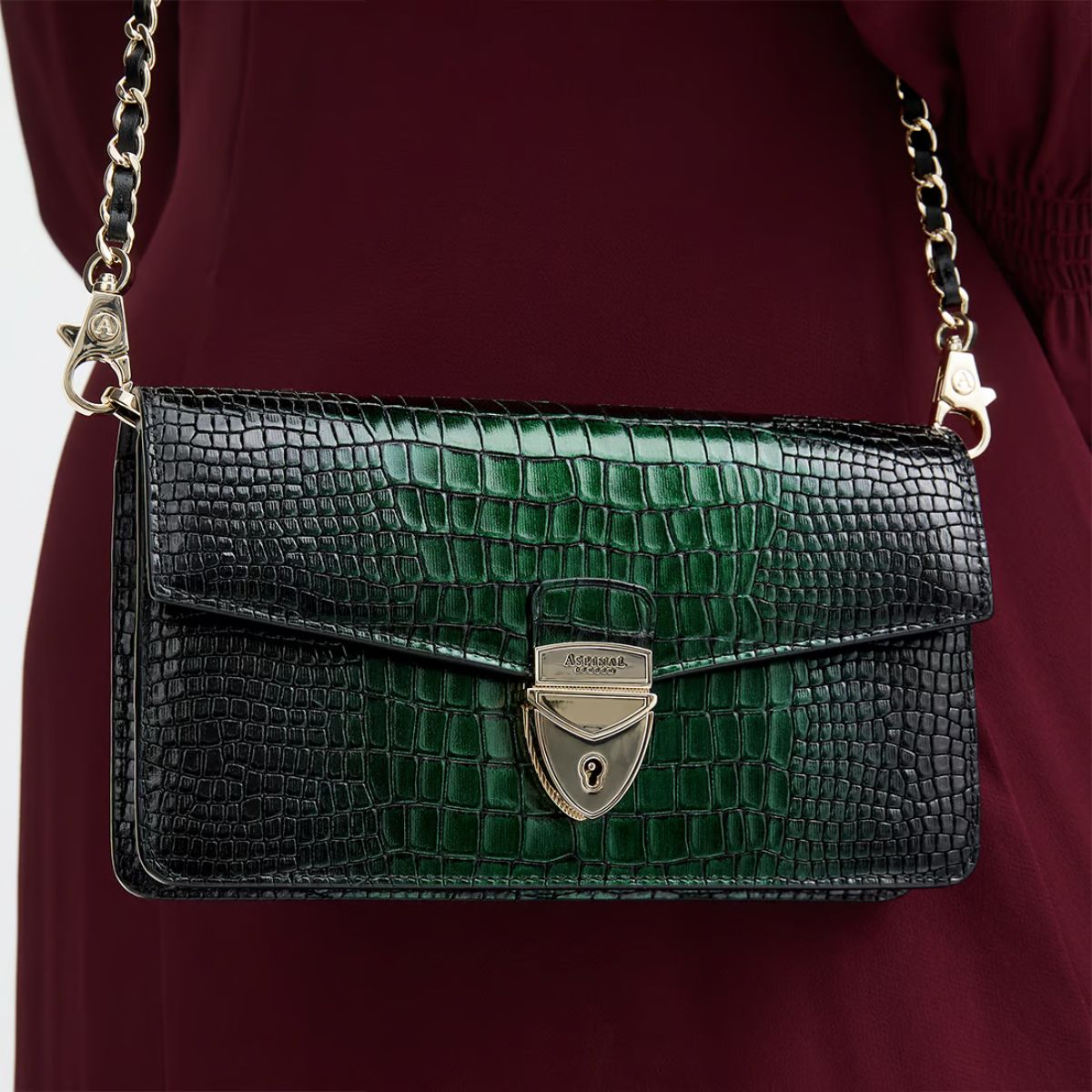 Aspinal of London, Mayfair 2 Clutch in Deep Shine Black & Green Ombre Croc