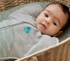 A baby wearing a Love to Dream swaddle in a wicker bassinette