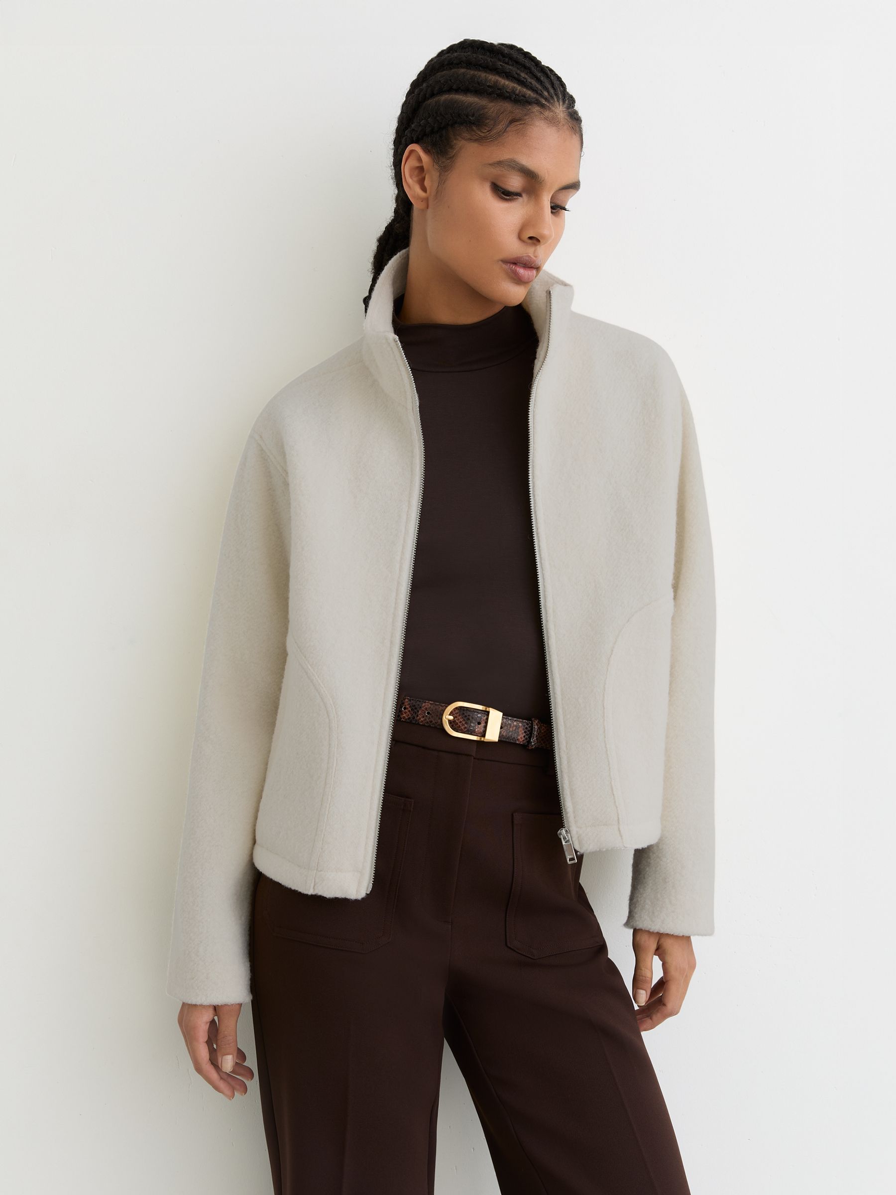 Wool Felted Funnel-Neck Jacket in Cream