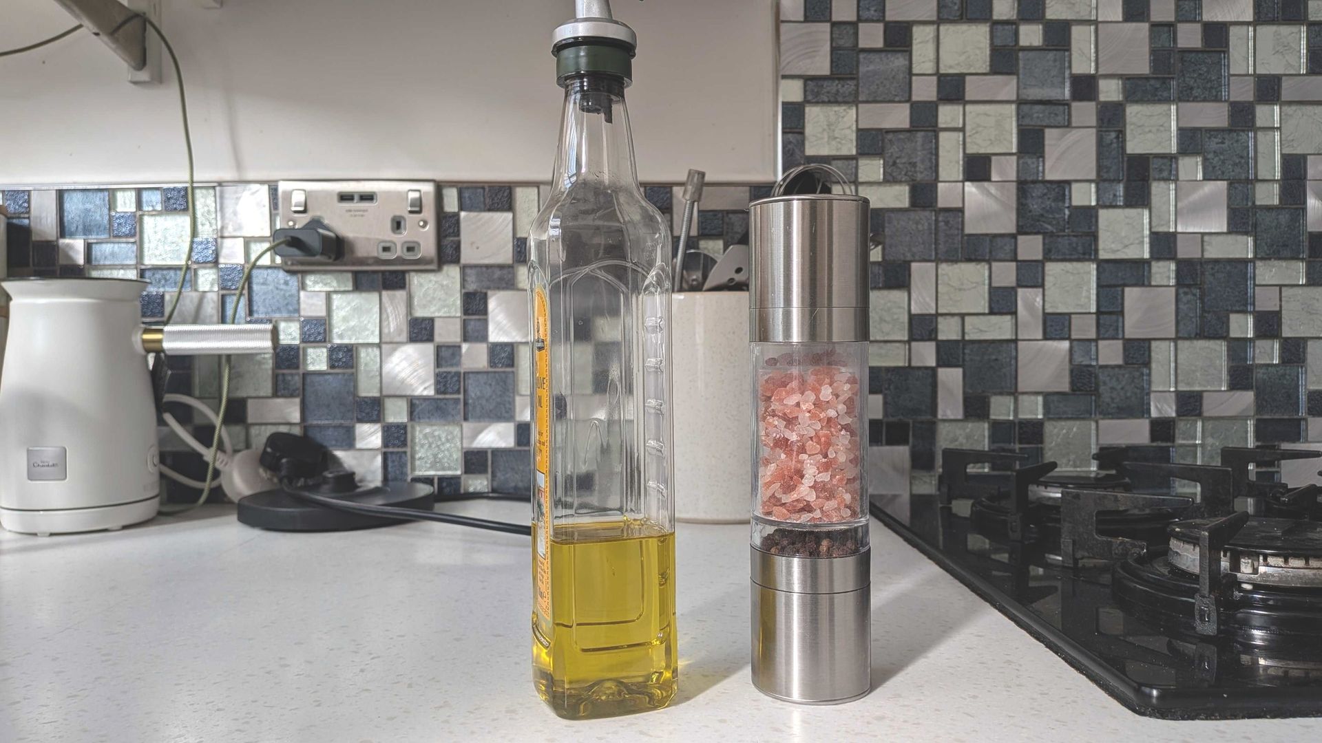 Oil and salt on countertop
